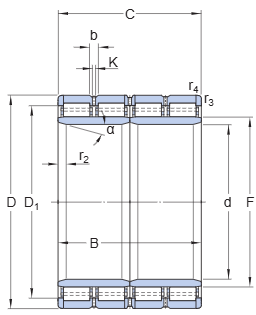 319320 Four/Row Cylindrical Roller Bearing engineering drawing